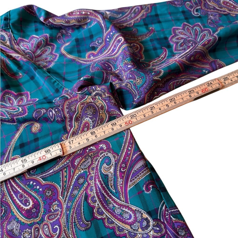 Alfred Dunner Satin Paisley Blouse Green Purple Bow Tie Vintage Top Sz 8 - Picture 6 of 12